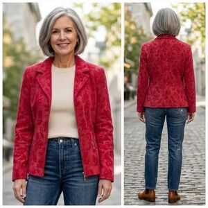 TanJay 16P 90s Contemporary Elevated Chic Floral Jacquard Red Corduroy Blazer